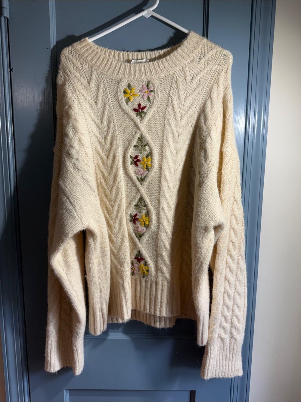 In Bloom Cream Cable Knit Sweater with Embroidered Floral Panel